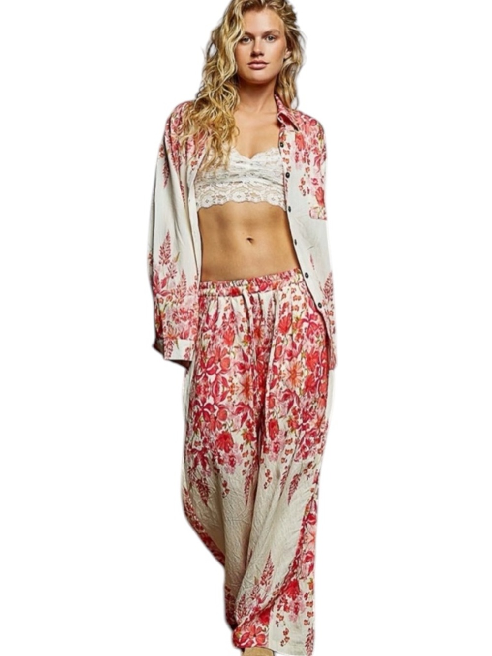 POL SET in Large Cream & Pink Floral Button-Front Set